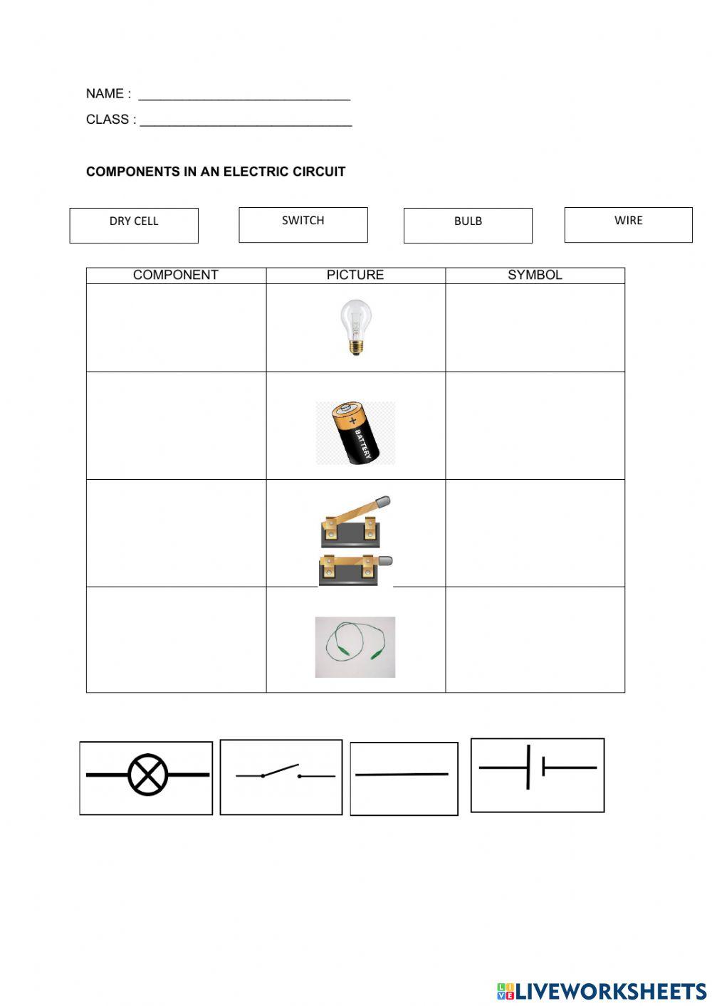 Component in an electric circuit worksheet | Live Worksheets