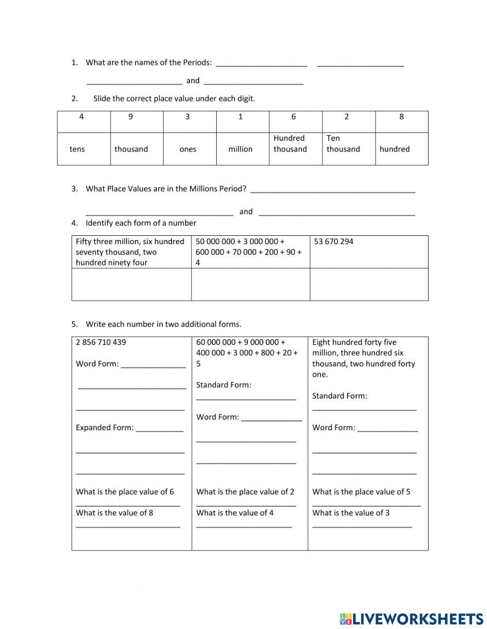 Place Value Standard Expanded Word Form Test