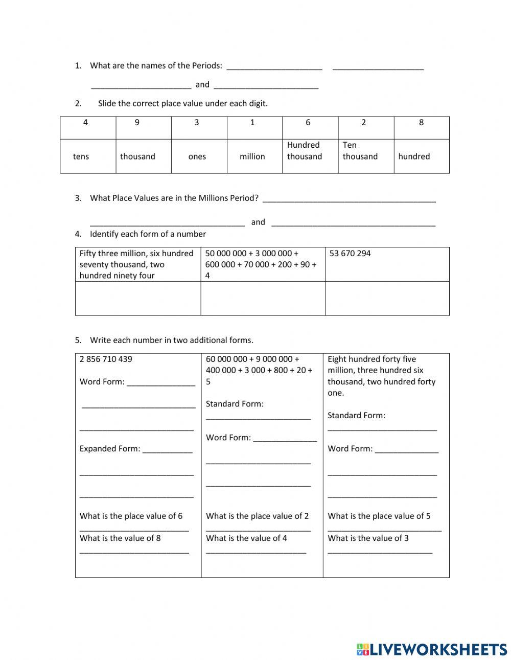 Place Value Standard Expanded Word Form Test worksheet | Live Worksheets