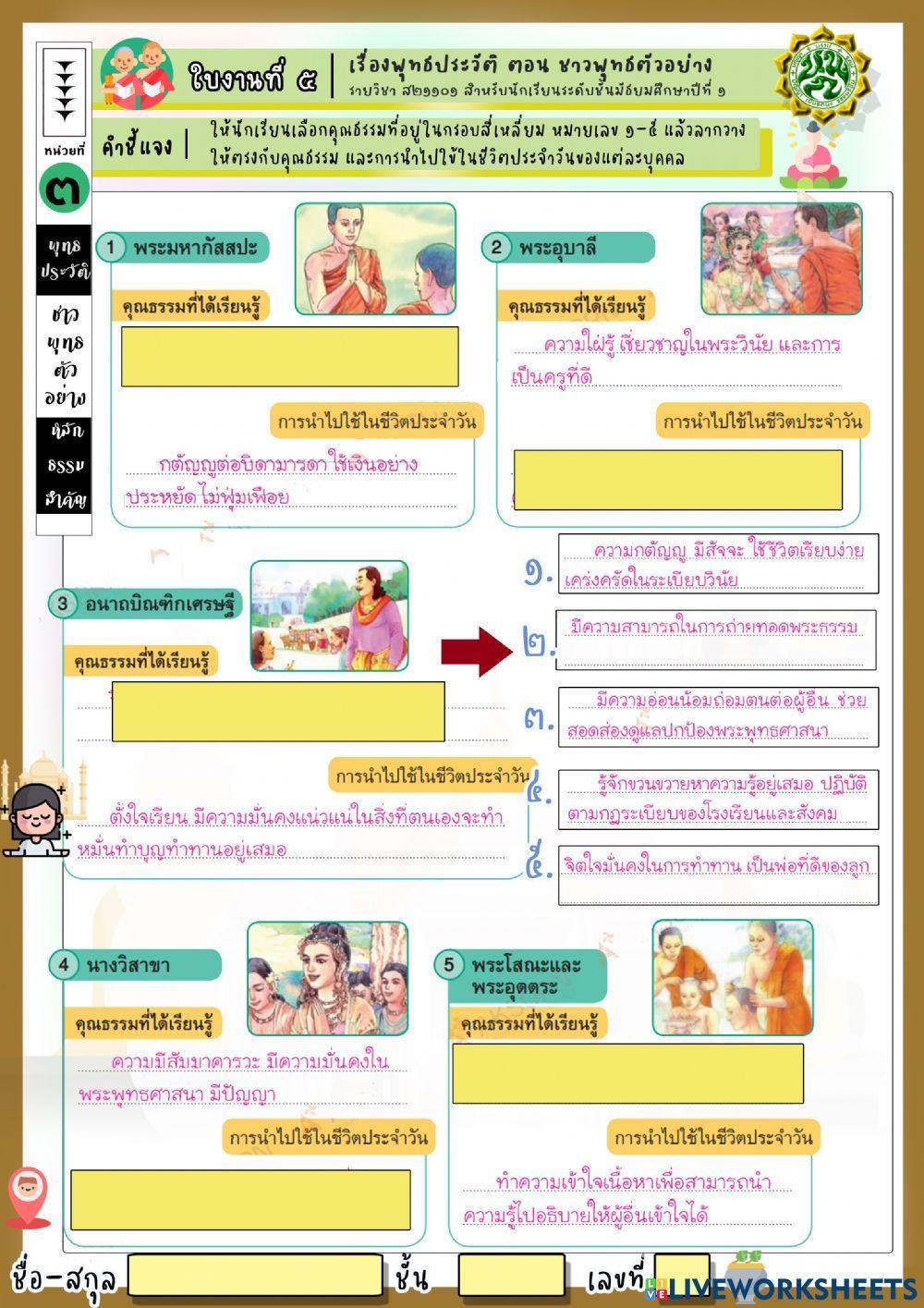 ใบงานที่ 5 หน่วยการเรียนรู้ที่ 3 เรื่อง ประวัติชาวพุทธตัวอย่าง