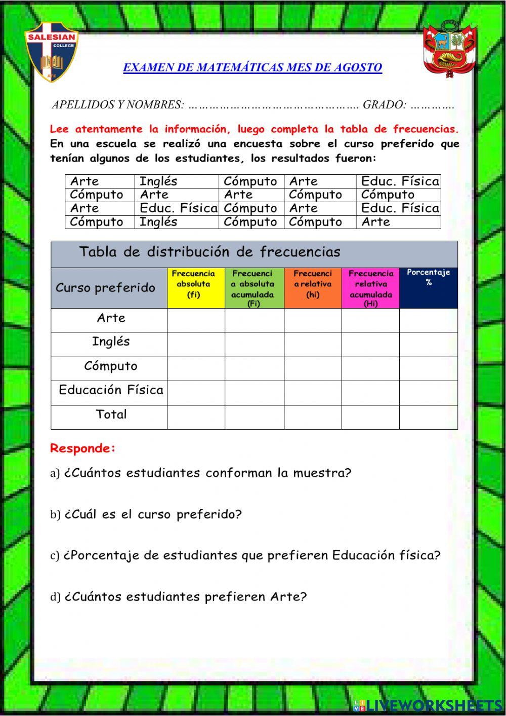 Tabla para datos no agrupados