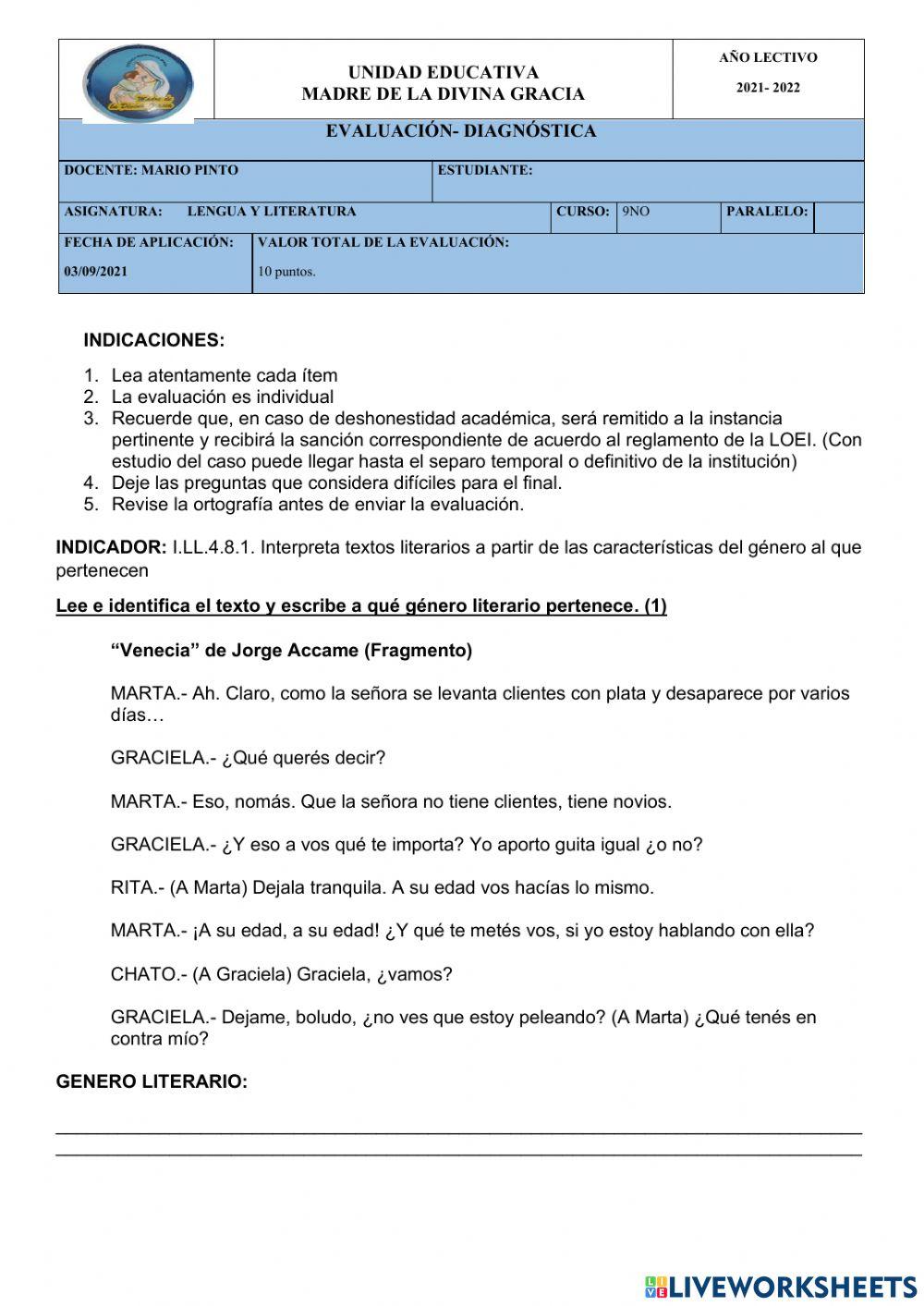 Evaluación diagnóstica 9no