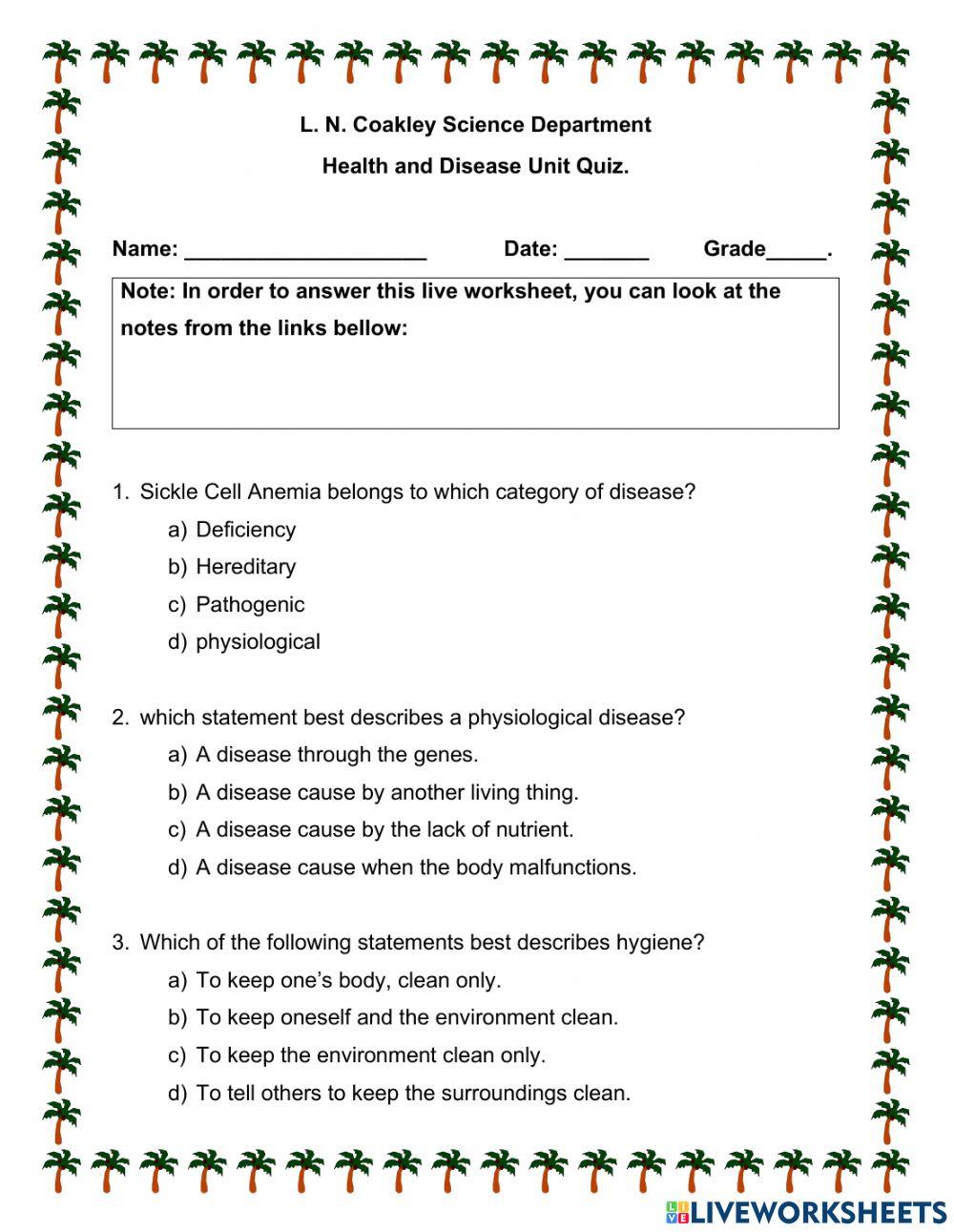 Health, Hygiene and Disease Unit Quiz