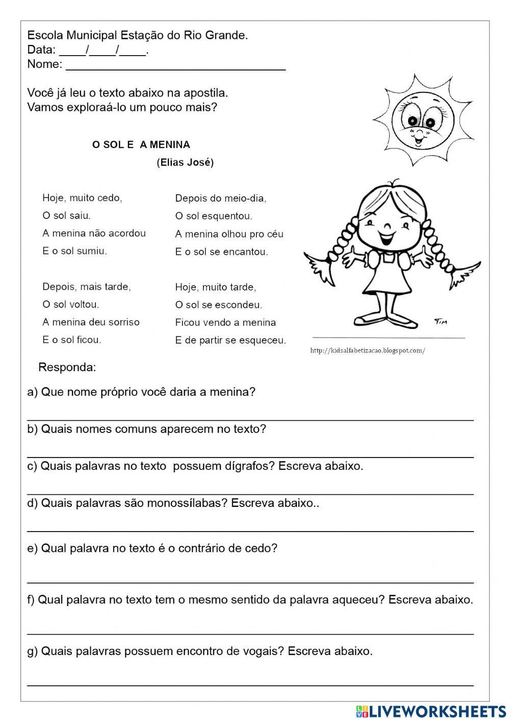 Substantivo próprio, substantivo comum, número de sílabas, encontro de vogais, dígrafos, sinônimo, antônimos