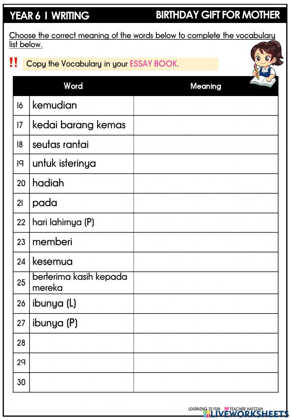 YEAR 6  - VOCABULARY I BIRTHDAY GIFT FOR MOTHER