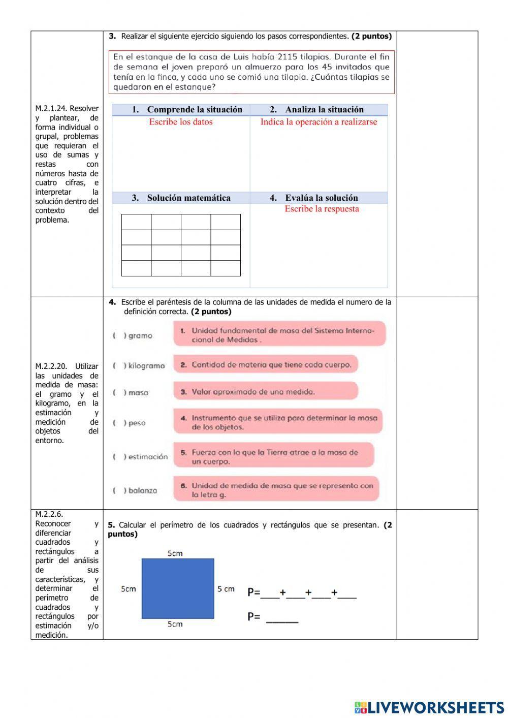 Evaluación de Matemática del Tercer Parcial del Primer Quimestre