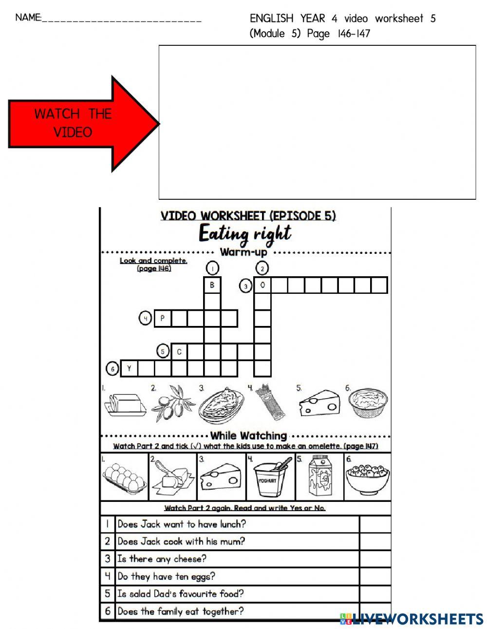 English Year 4 Video Worksheet 5 Module 5 : Eating Right