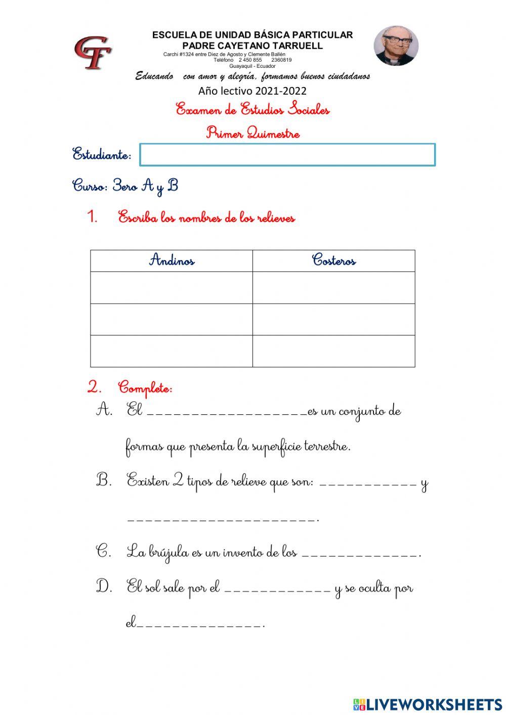 Examen Primer Quimestre Estudios sociales