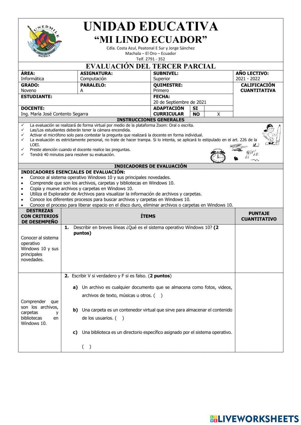 Evaluación de Computación Noveno del Tercer Parcial del Primer Quimestre