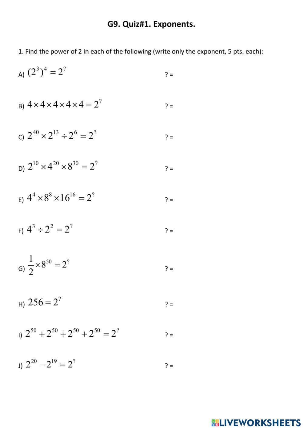 Exponents Quiz 1415449 | Mr_Kamil | Live Worksheets