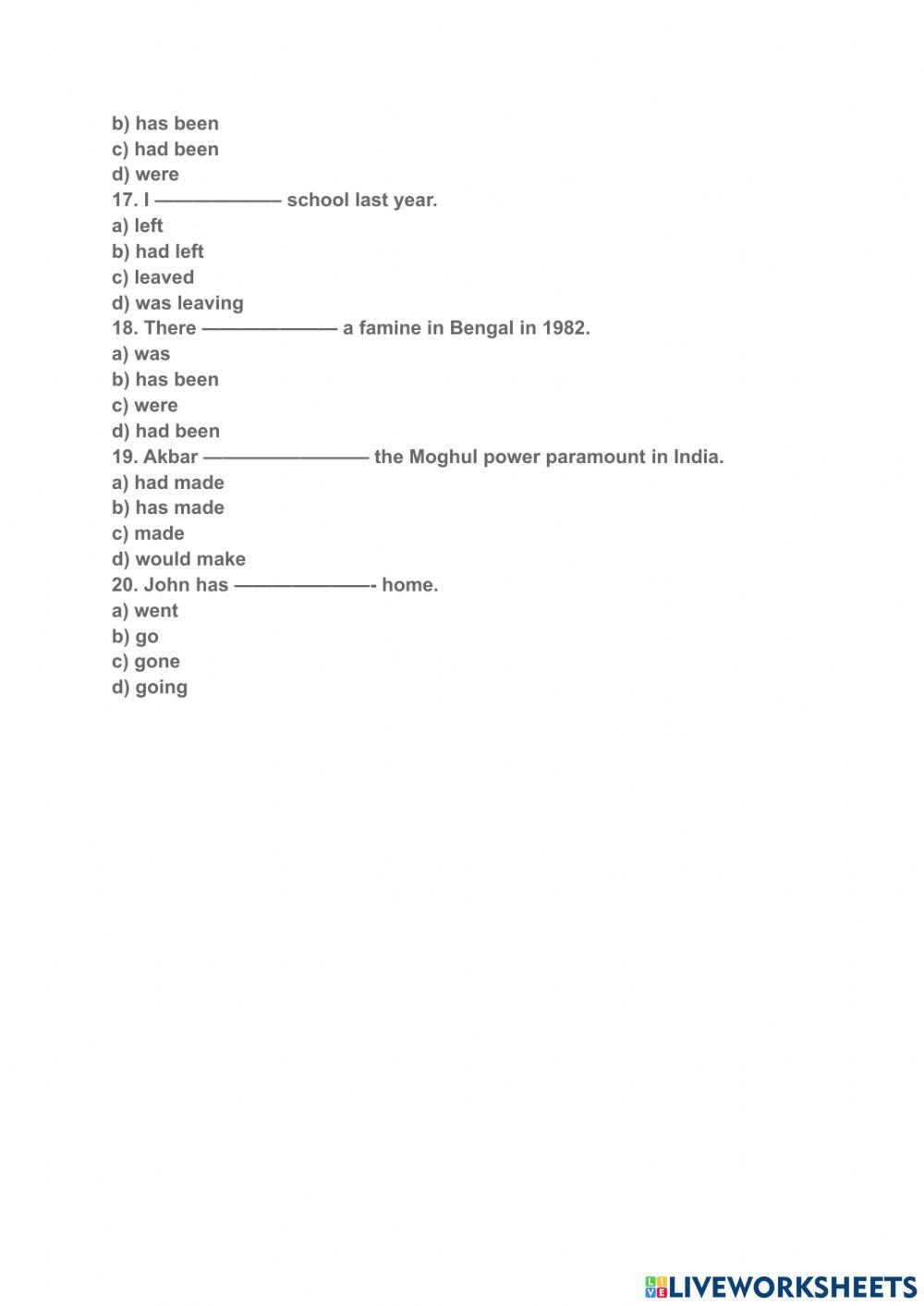 Tenses mcq online exercise for live worksheets