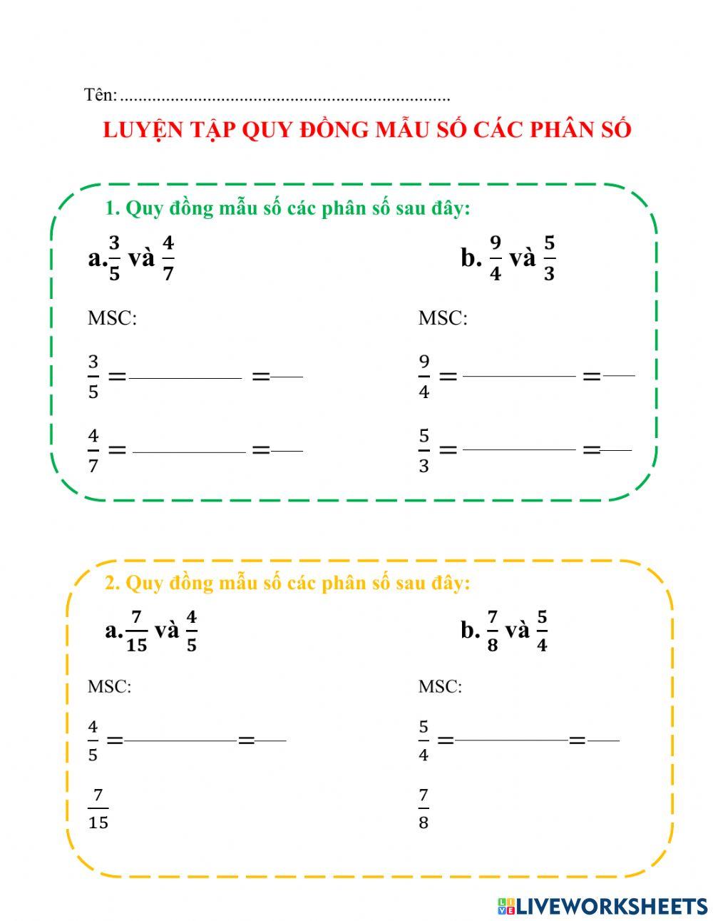 Quy đồng mẫu số các phân số
