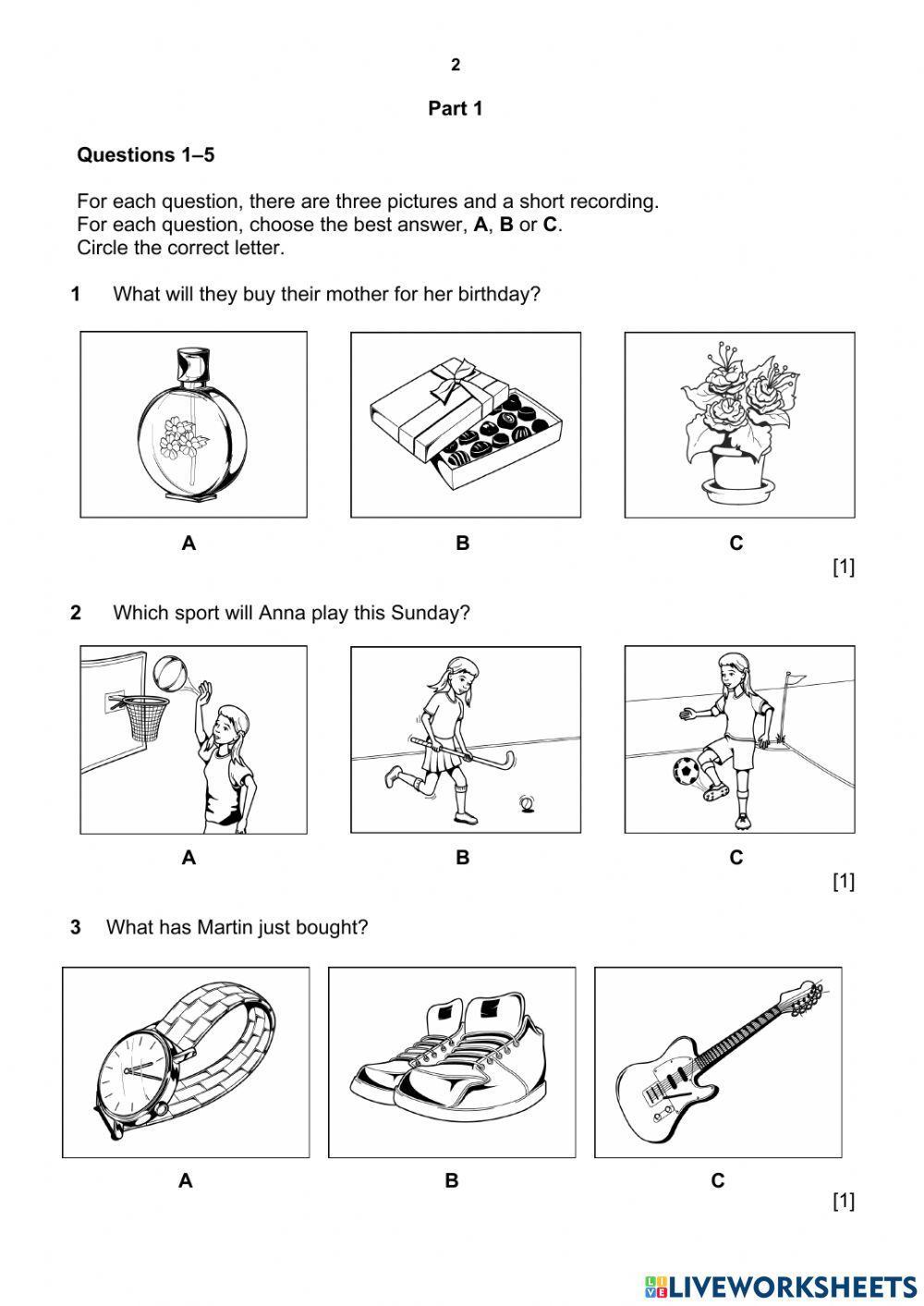 Stage 5 A2 Listening Question Pictures (Part 1)
