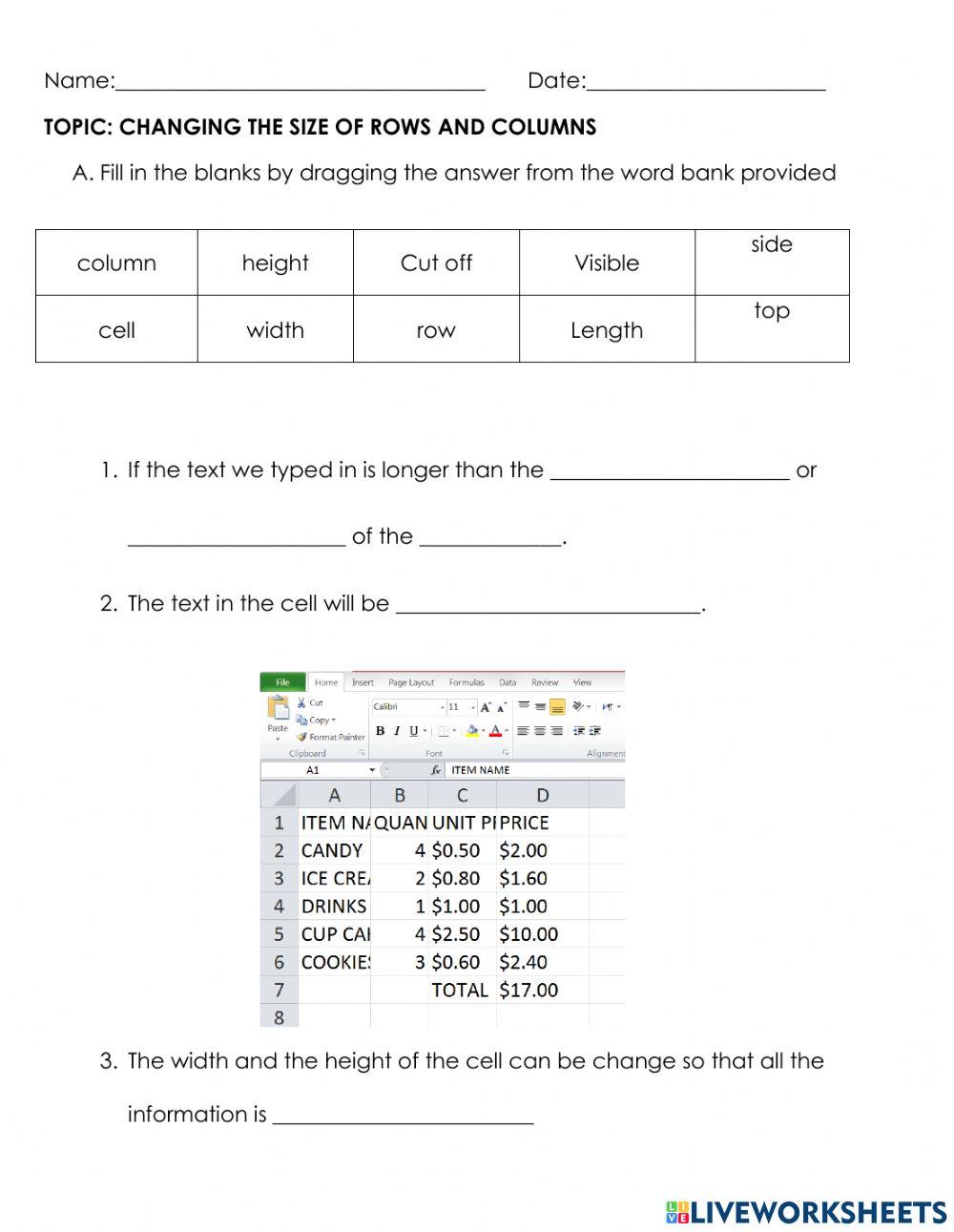 Change the size of rows and column worksheet | Live Worksheets