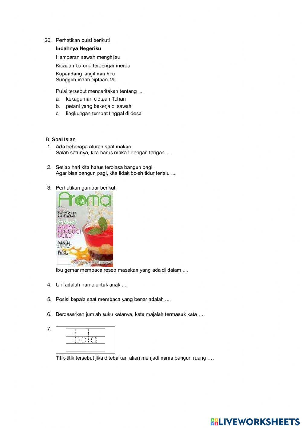 PTS Kelas 1 Tema 2 Sesi 1