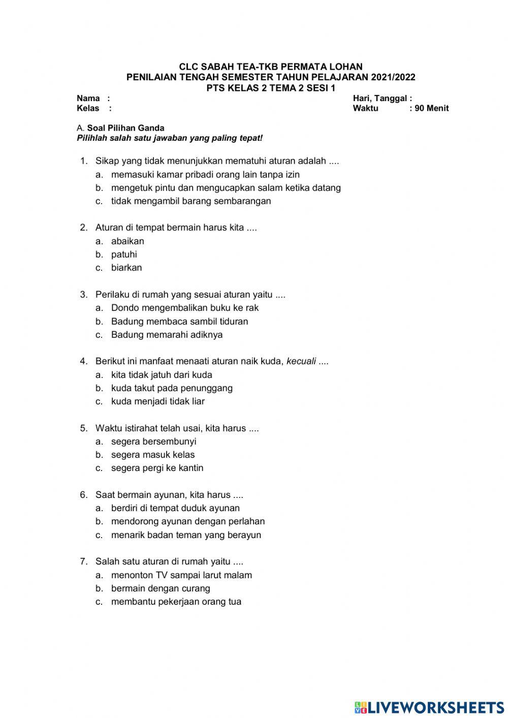 PTS Kelas 2 Tema 2 Sesi 1