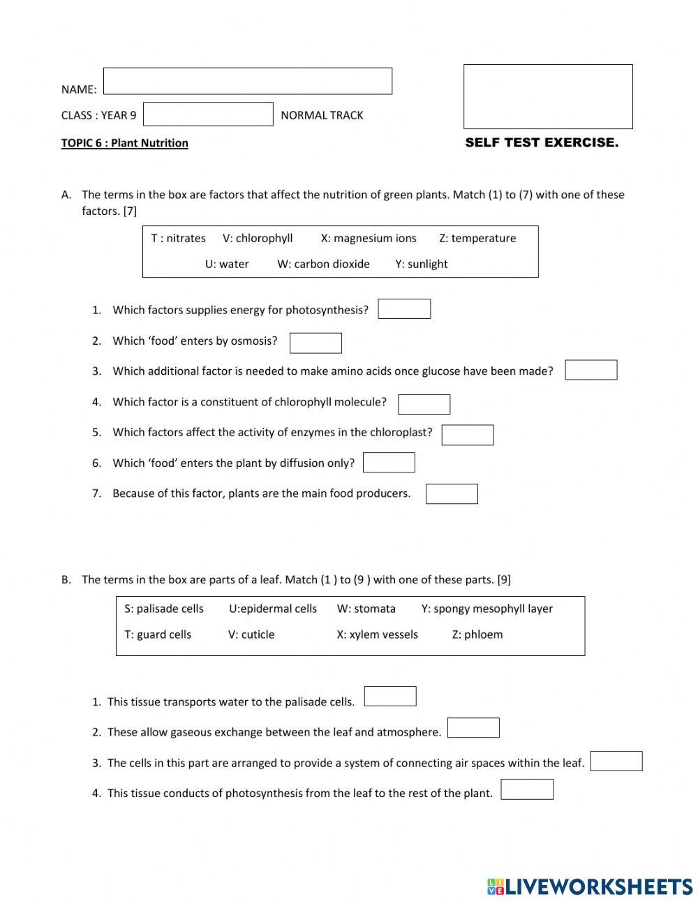 Biology year 9 normal track topic 6 self test exercise