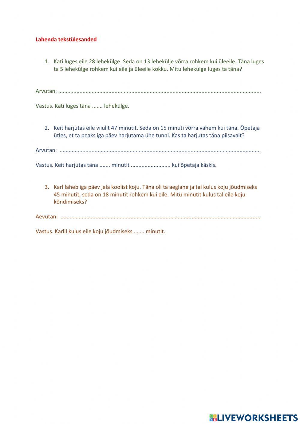 Tekstülesanded. Liidan või lahutan? 3. klass, raskem variant