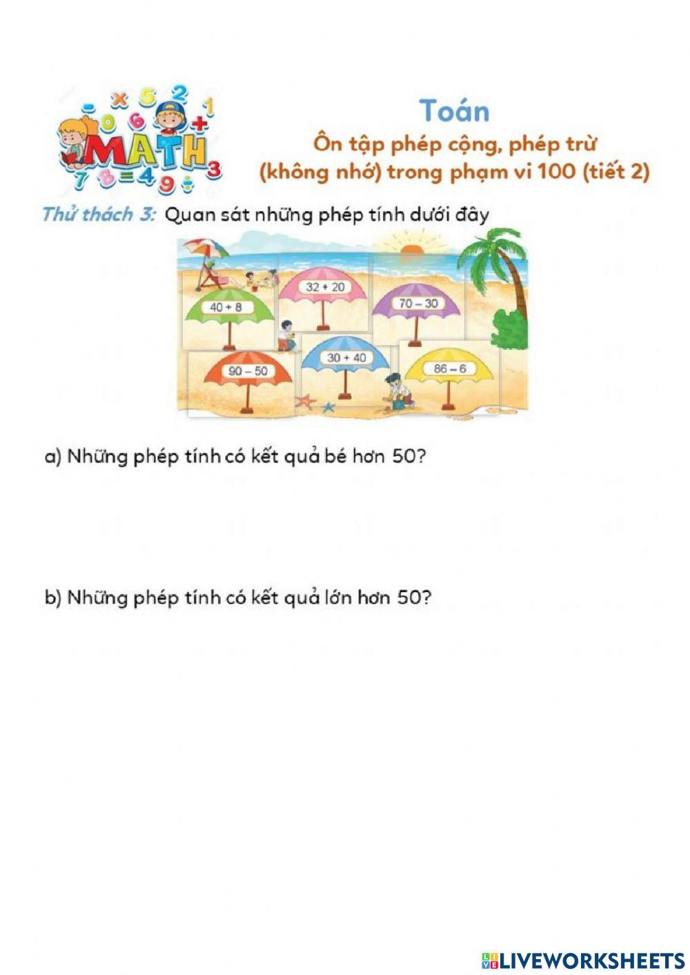 Ôn tập phép công, phép trừ (ko nhớ) phạm vi 100 (T2)