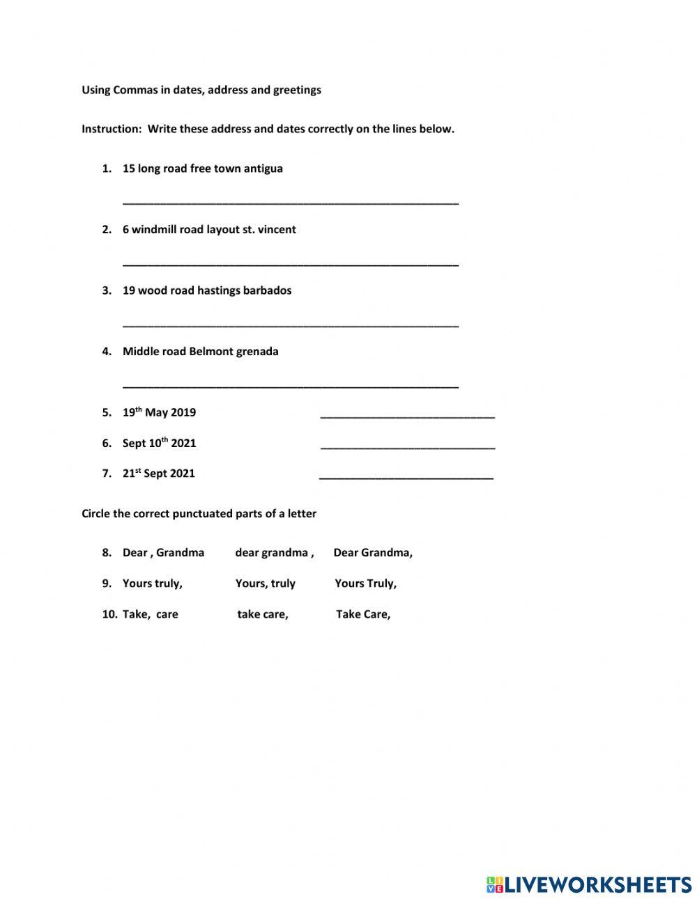 Commas Worksheet