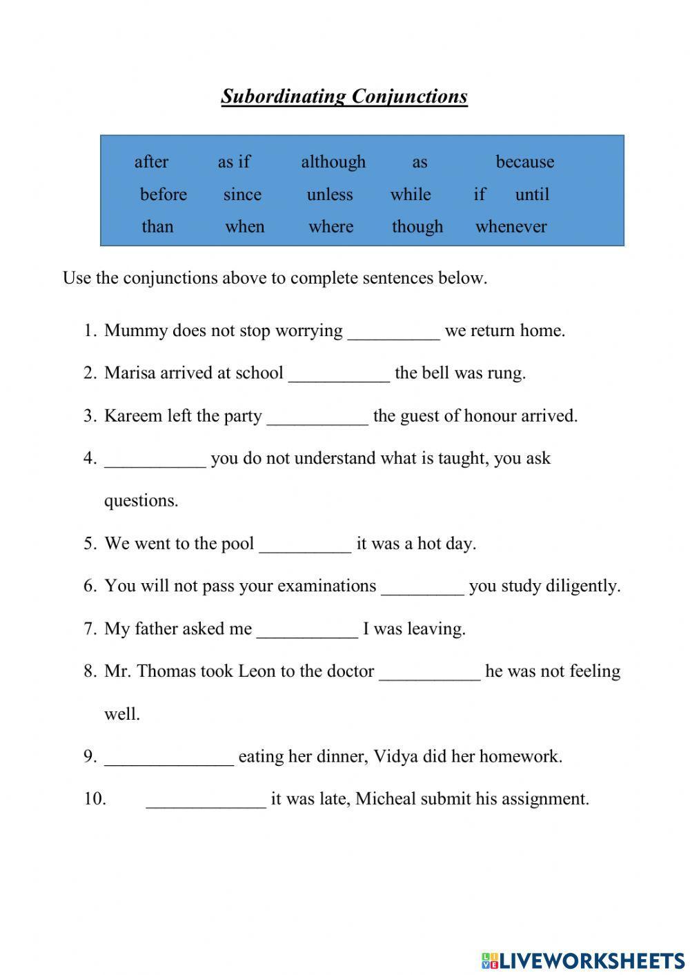 Subordinating Conjunctions interactive exercise | Live Worksheets subordinating-conjunctions-interactive-exercise-live-worksheets