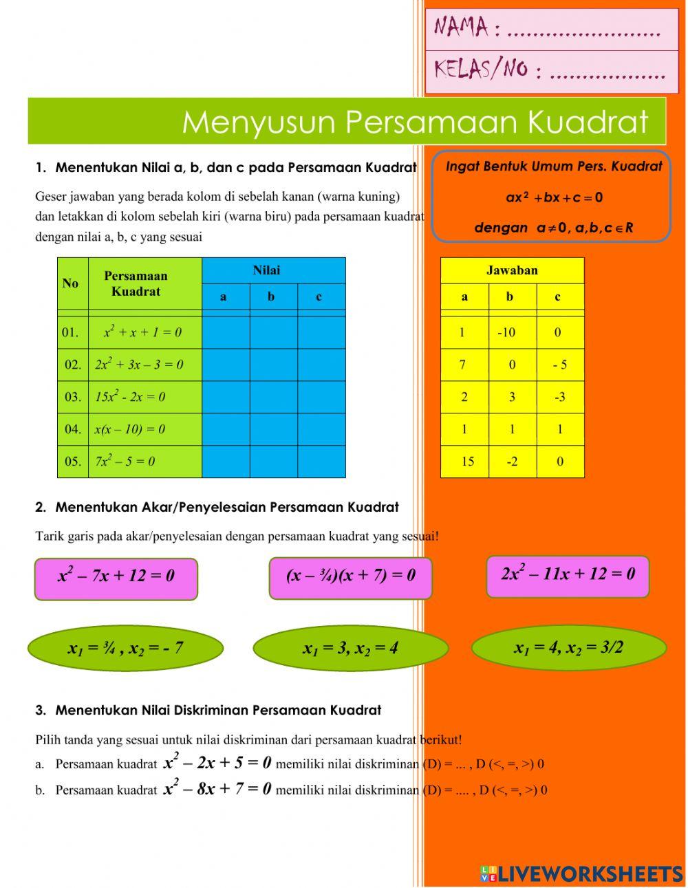 Akar Persamaan Kuadrat dan Menyusun Persamaan Kuadrat