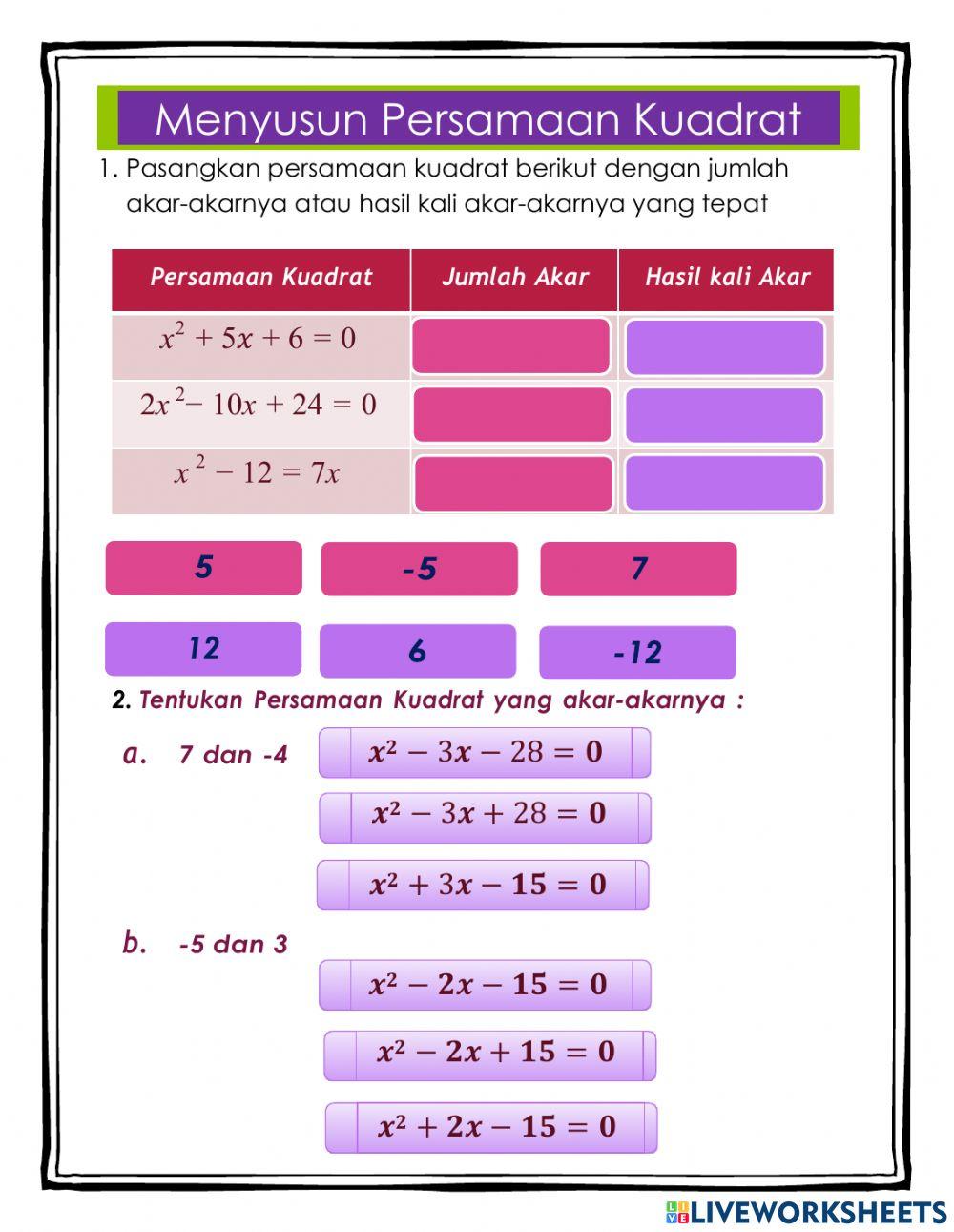 Akar Persamaan Kuadrat dan Menyusun Persamaan Kuadrat