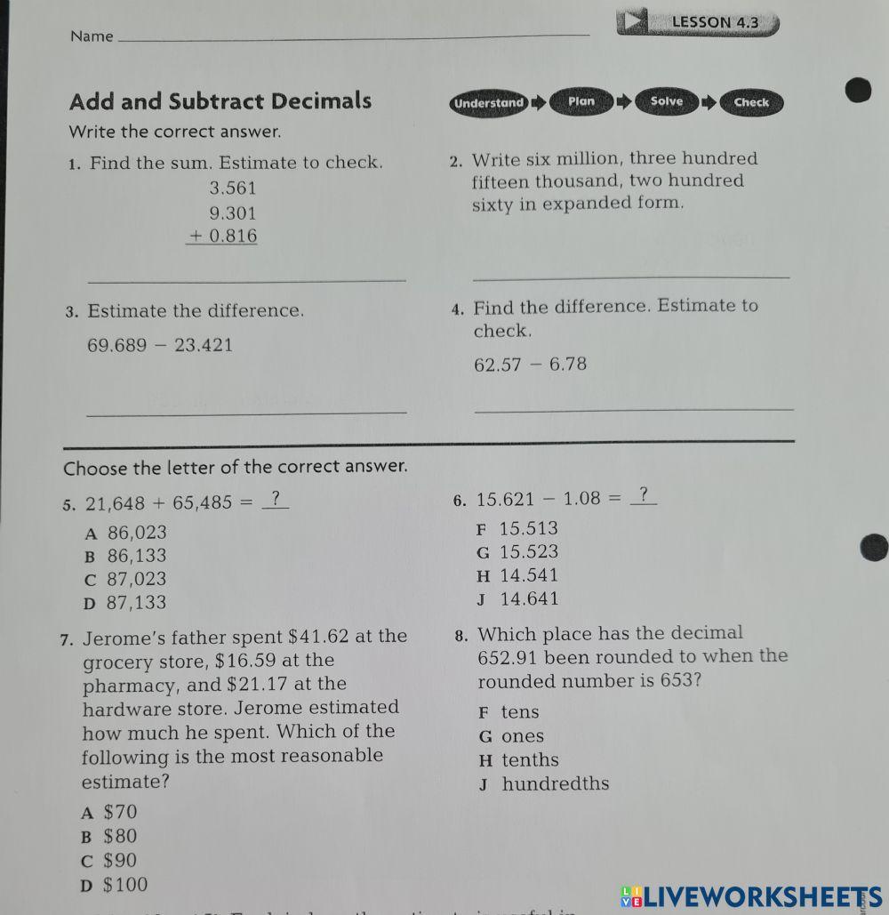 Add and Subtract Decimals Application
