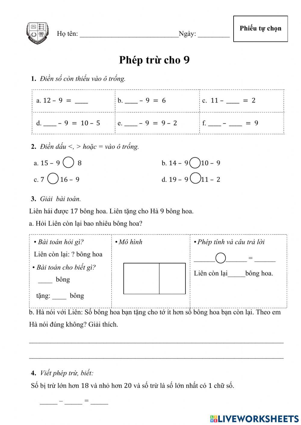 Phép trừ cho 9 (PTC)