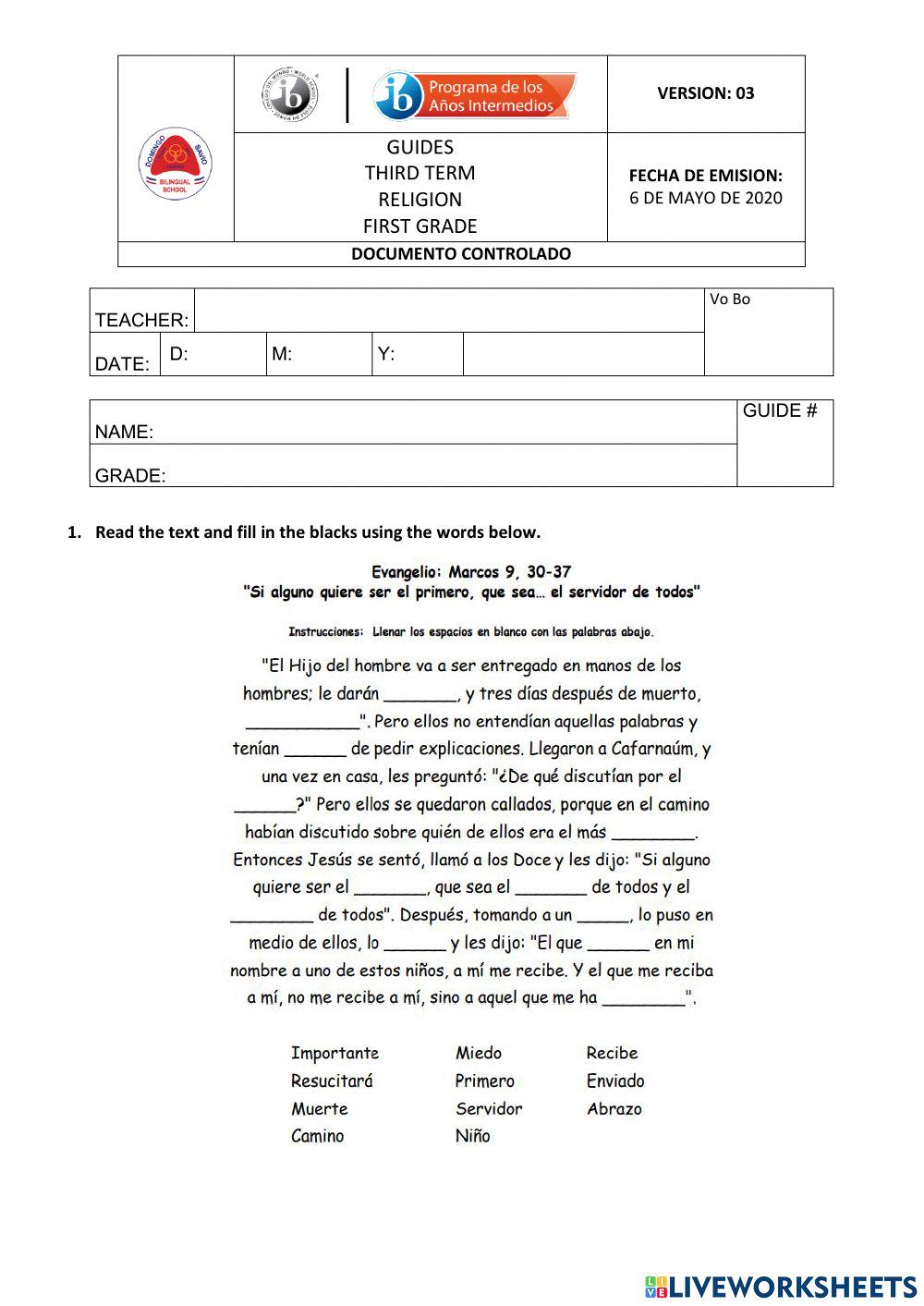 Religion interactive activity for FIRST GRADE | Live Worksheets
