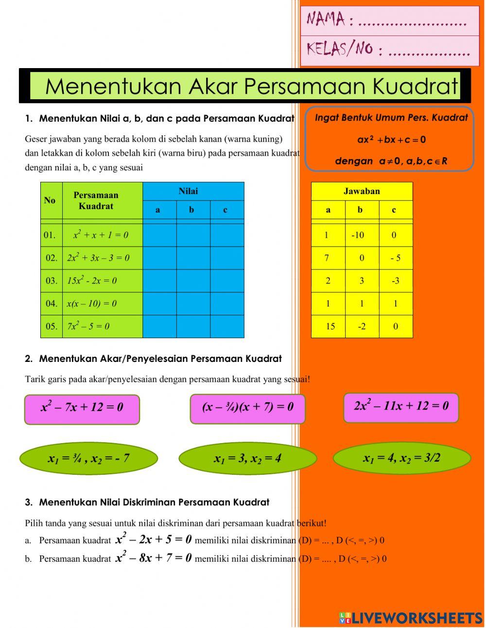 Akar Persamaan Kuadrat dan Menyusun Persamaan Kuadrat