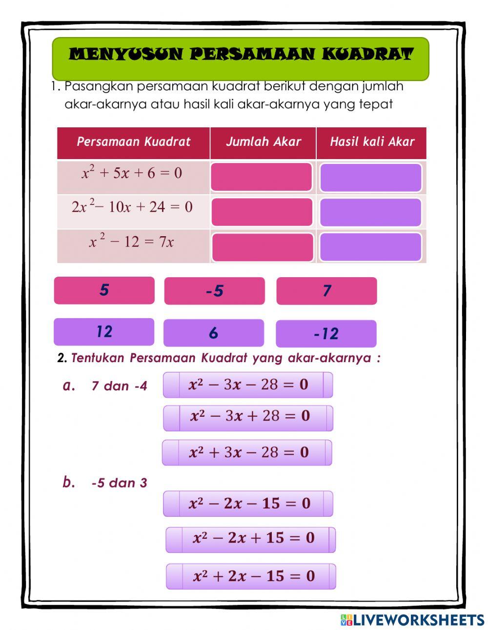 Akar Persamaan Kuadrat dan Menyusun Persamaan Kuadrat