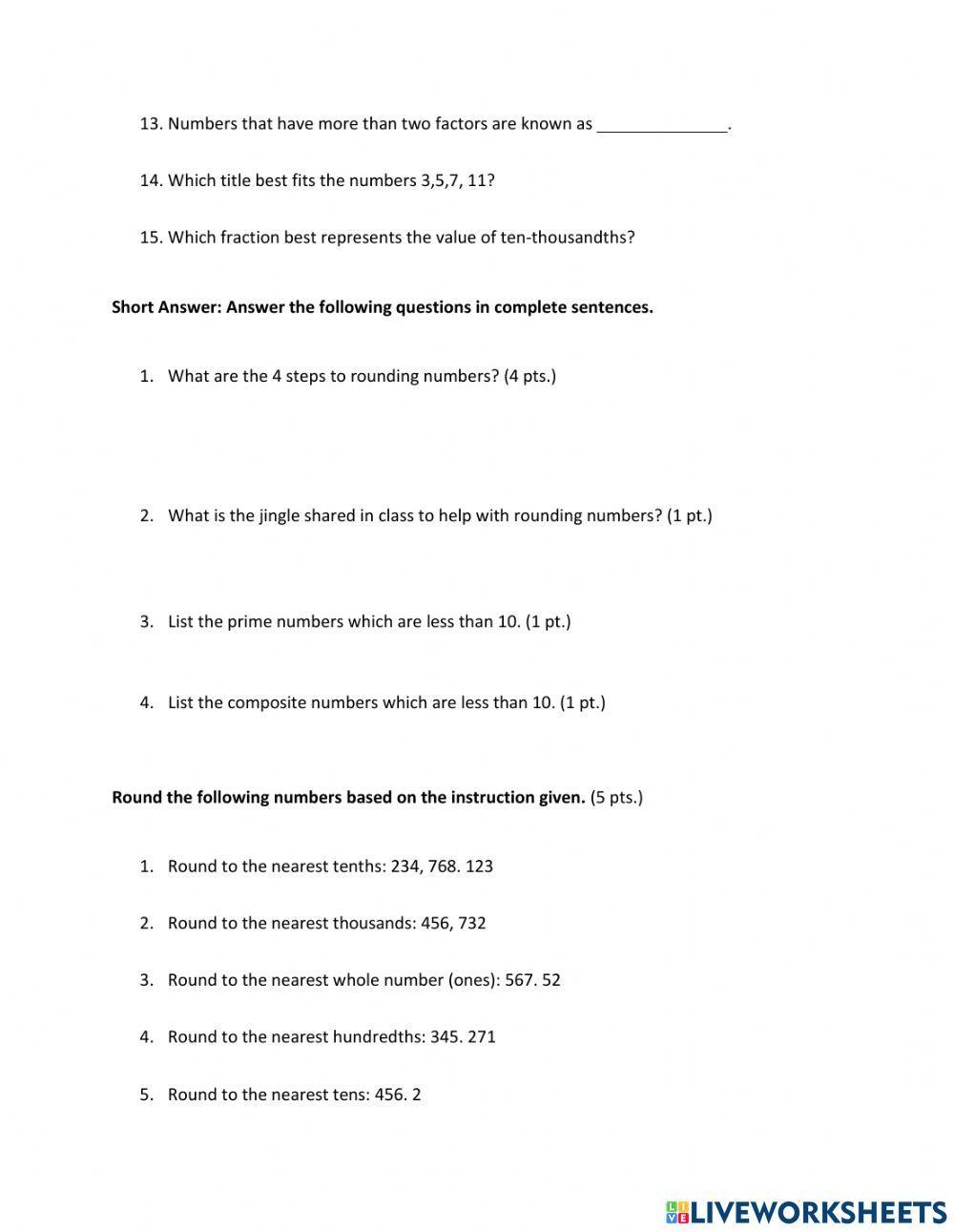 Place Value, Rounding Numbers, Number Types test