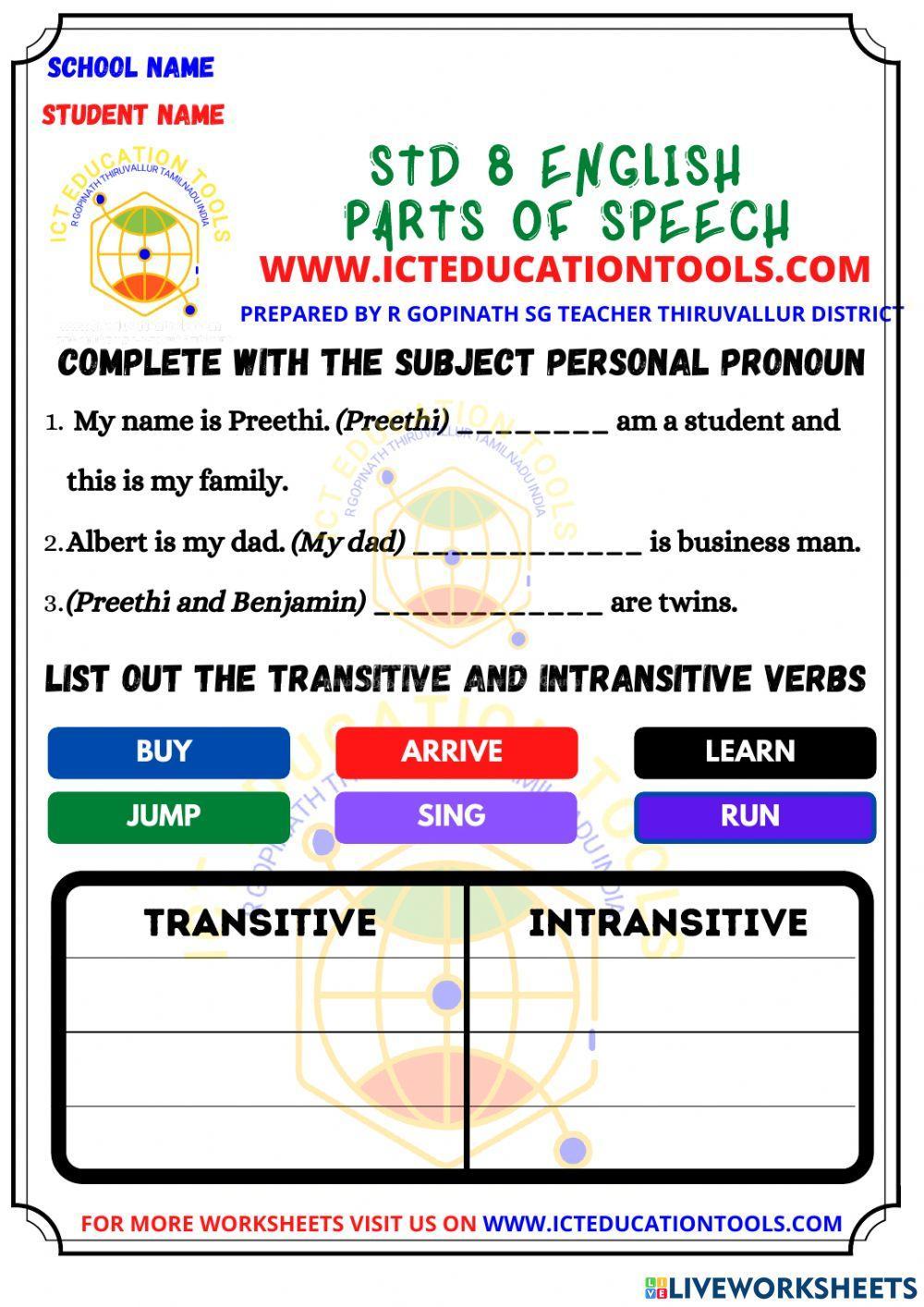 Std 8 english pronouns verbs