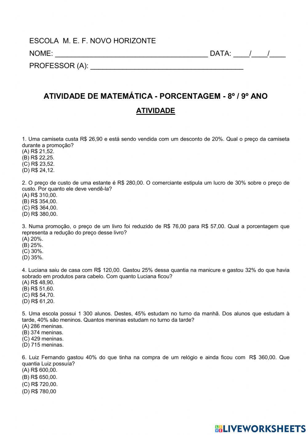 Quiz de Matemática (Porcentagem)