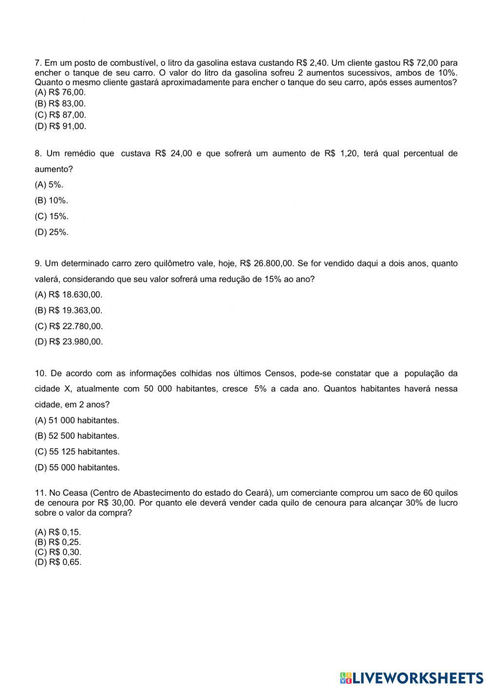 Atividade de matemática - PORCENTAGEM