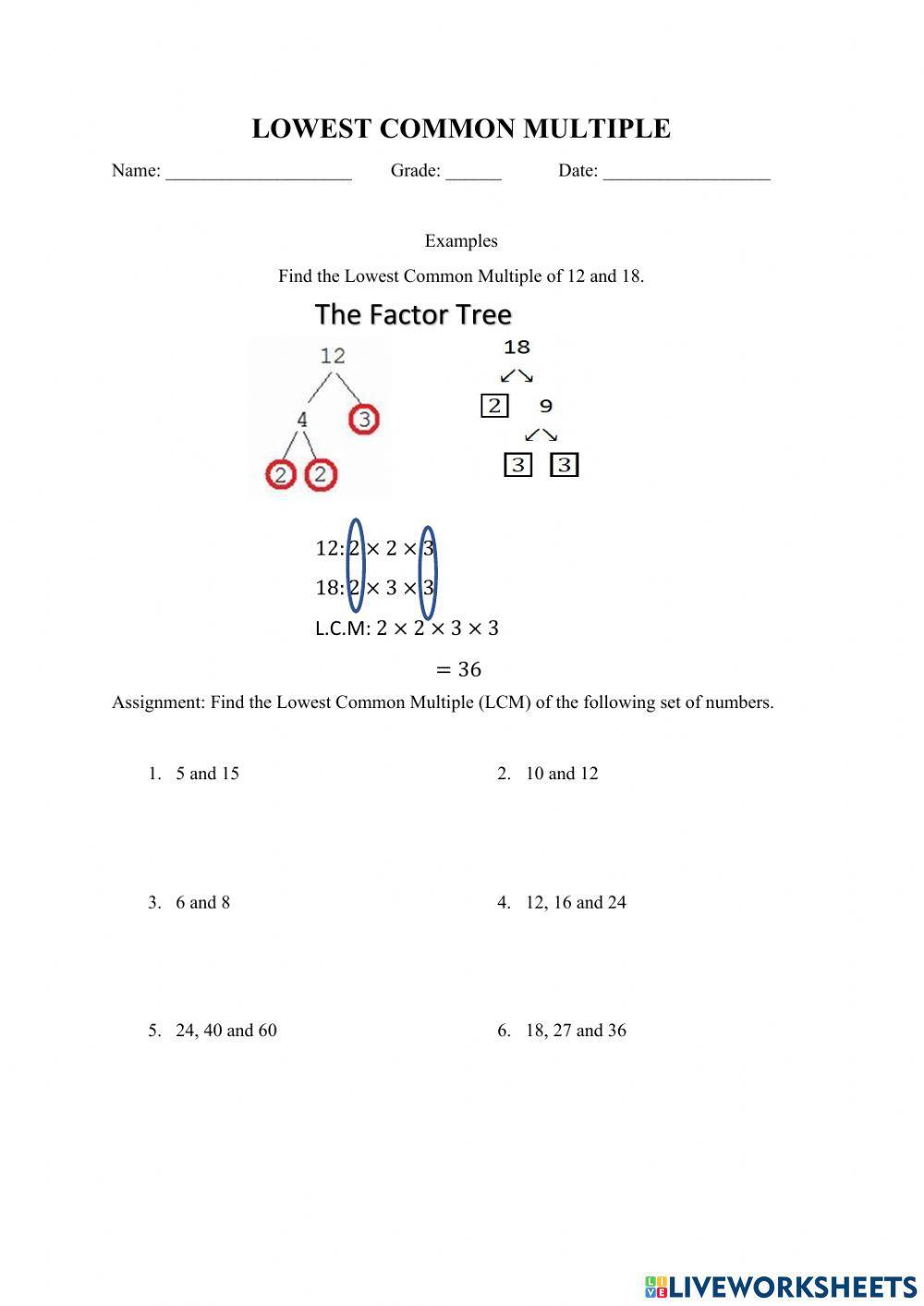 Lowest Common Multiple activity | Live Worksheets