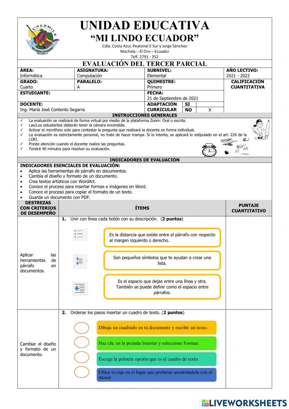 Evaluación de Computación Cuarto del Tercer Parcial del Primer Quimestre