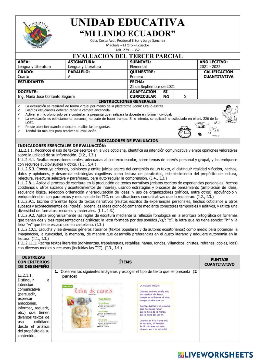 Evaluación de Lengua y Literatura del Tercer Parcial del Primer Quimestre