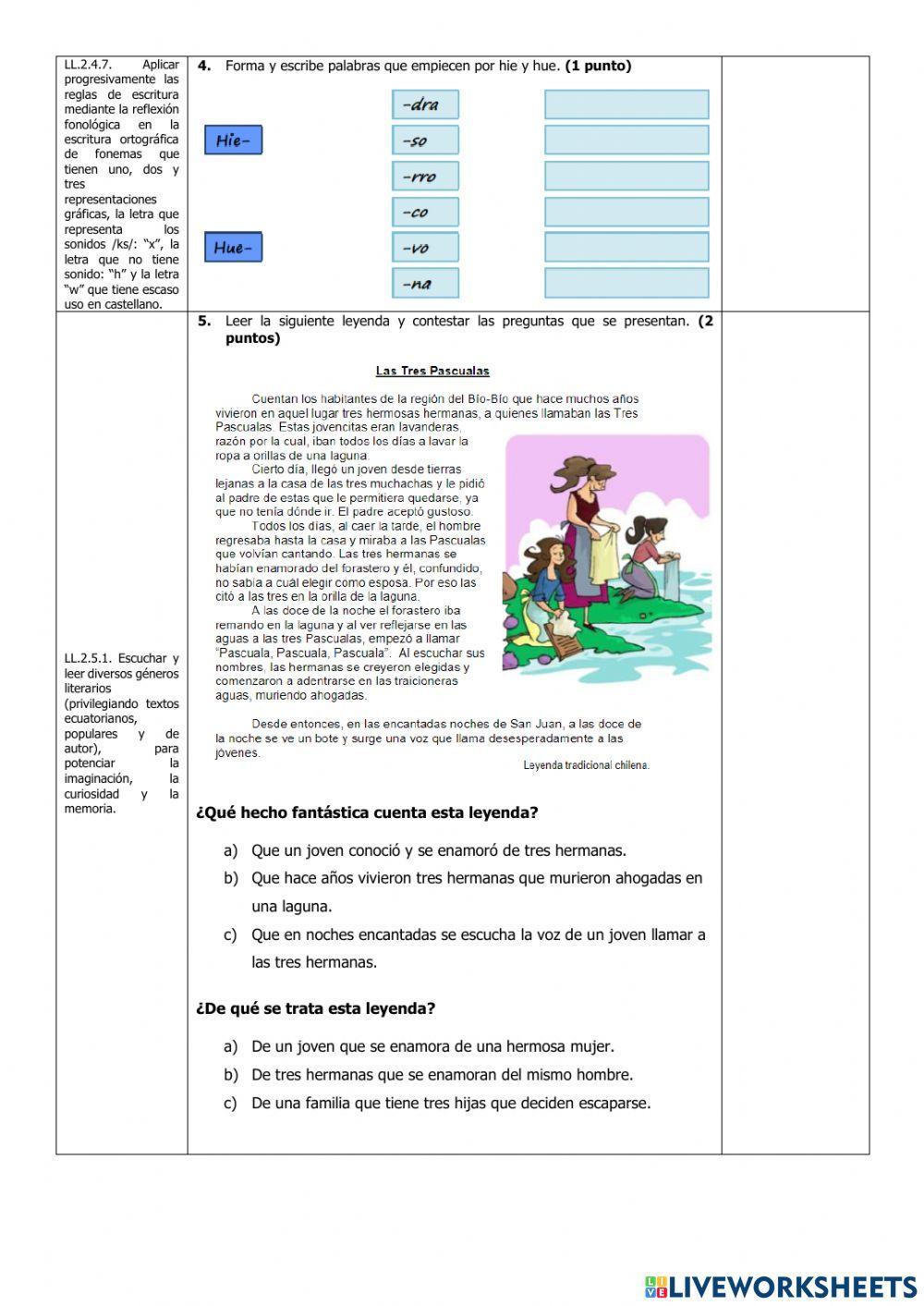 Evaluación de Lengua y Literatura del Tercer Parcial del Primer Quimestre