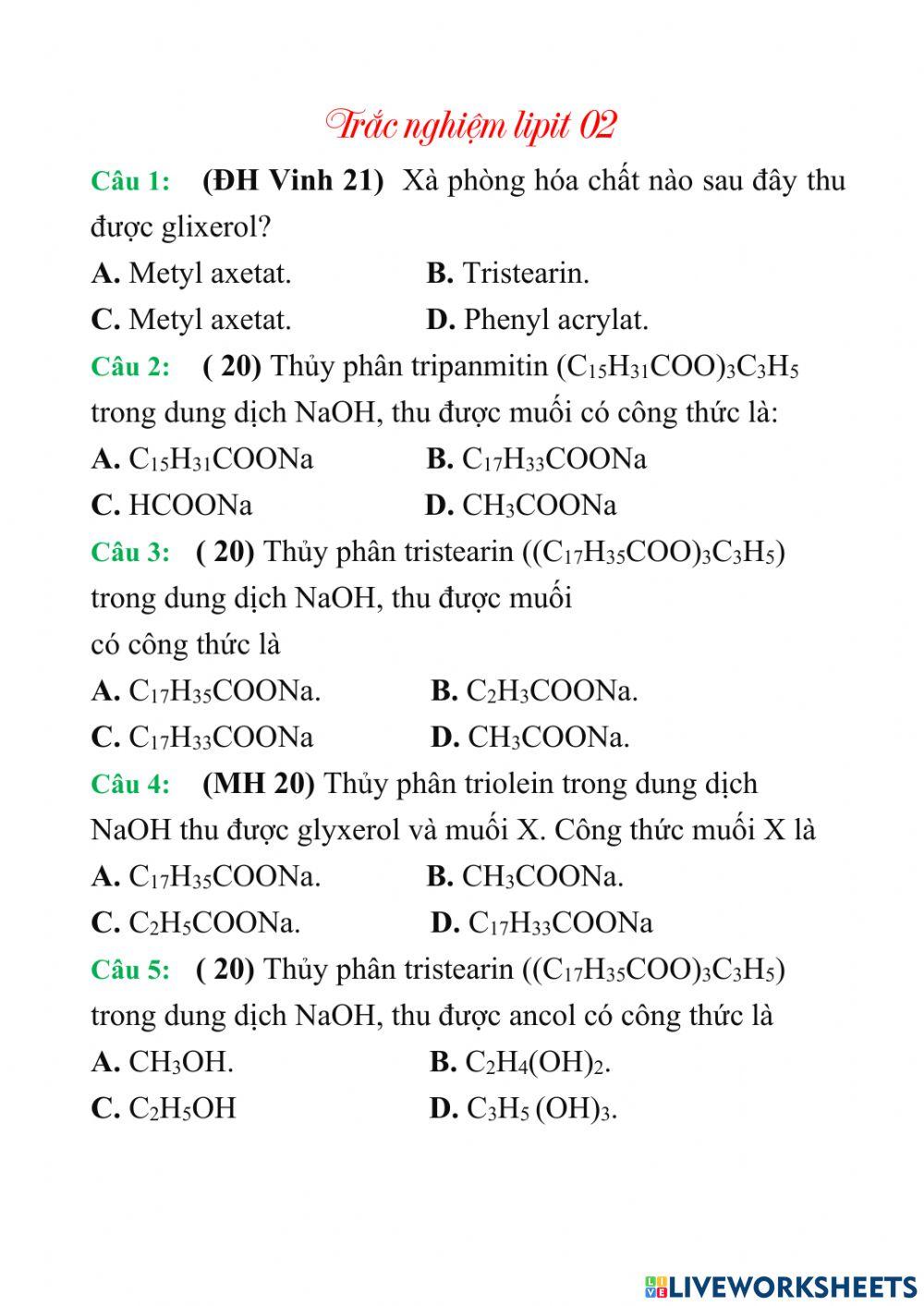 Phiếu bài tập chất béo 02