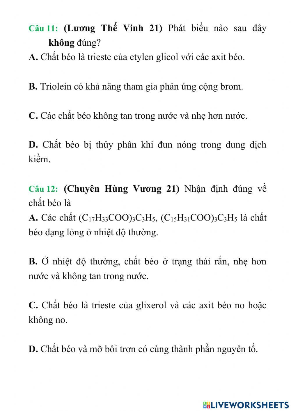 Phiếu bài tập chất béo 02