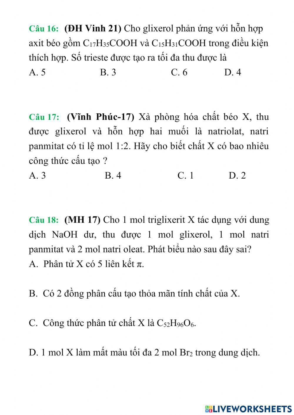 Phiếu bài tập chất béo 02