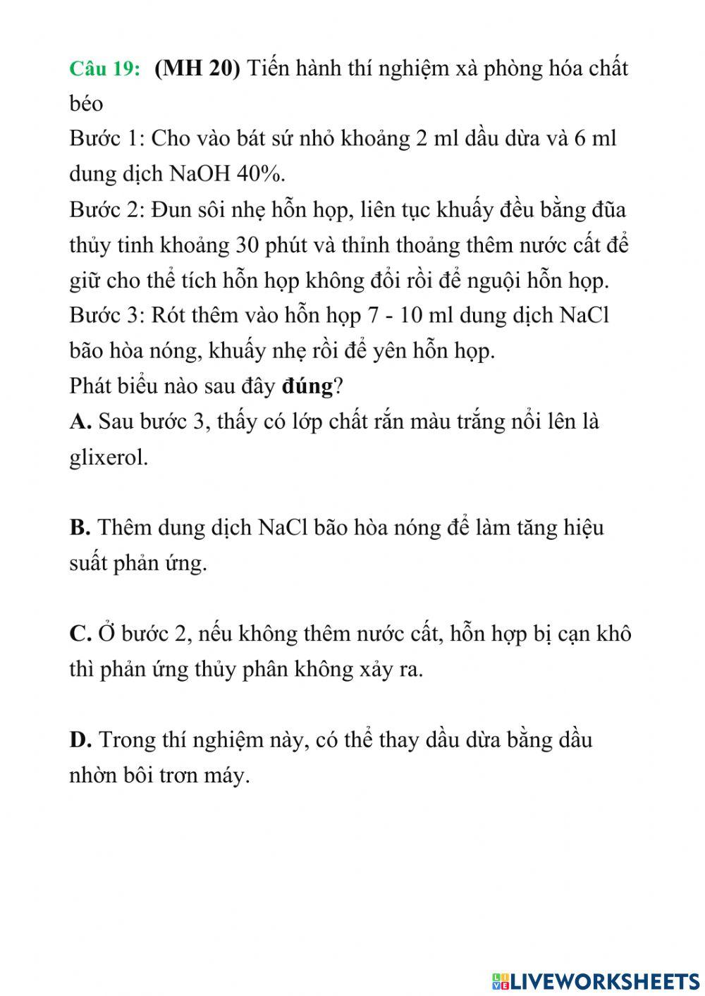 Phiếu bài tập chất béo 02
