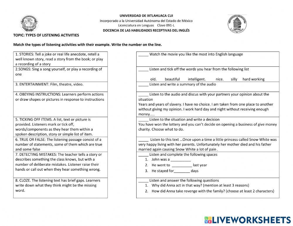 Type of listening activities by U, P.