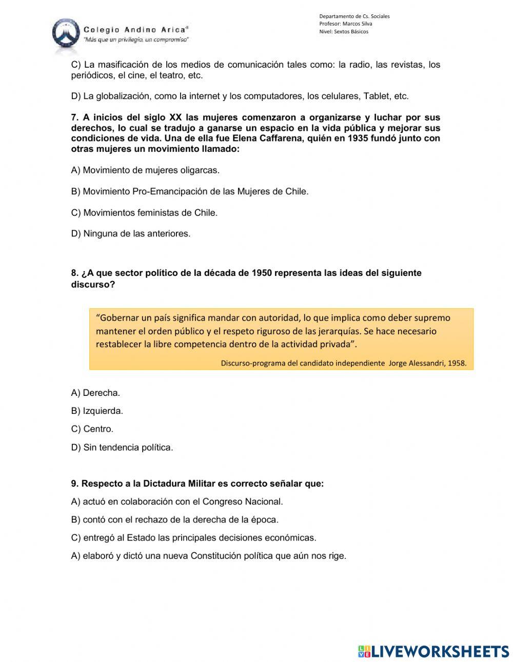 Evaluación sumativa Siglo XX chileno
