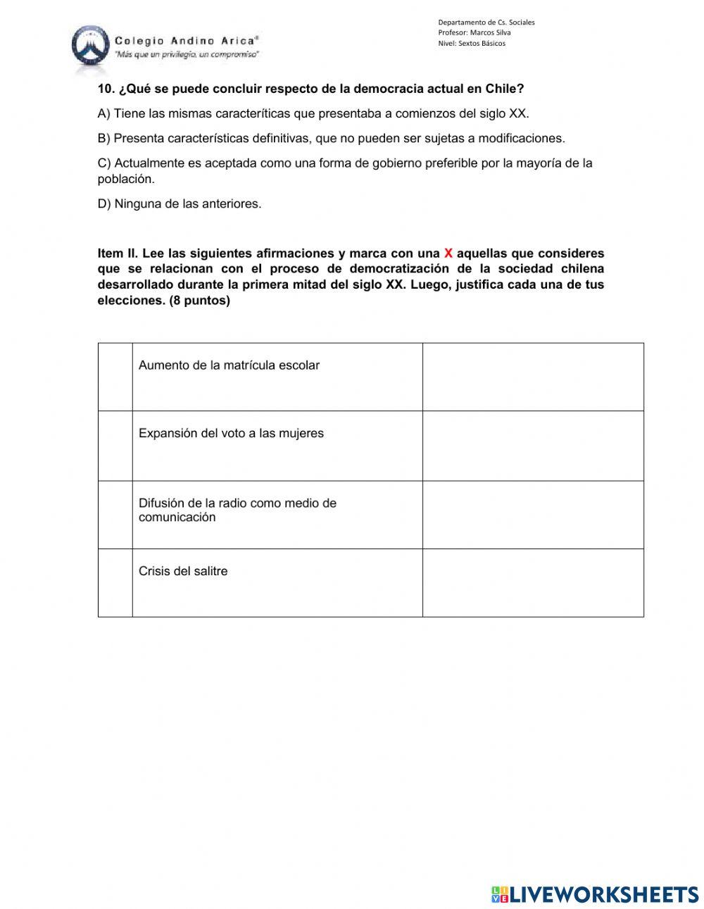 Evaluación sumativa Siglo XX chileno
