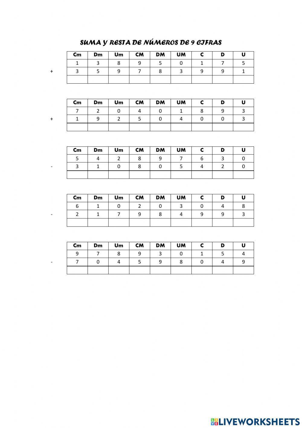 Taller de Matematicas (Suma y Resta de Numeros Naturales) | PDF |  Sustracción | Objetos matemáticos, image size:1000x1413