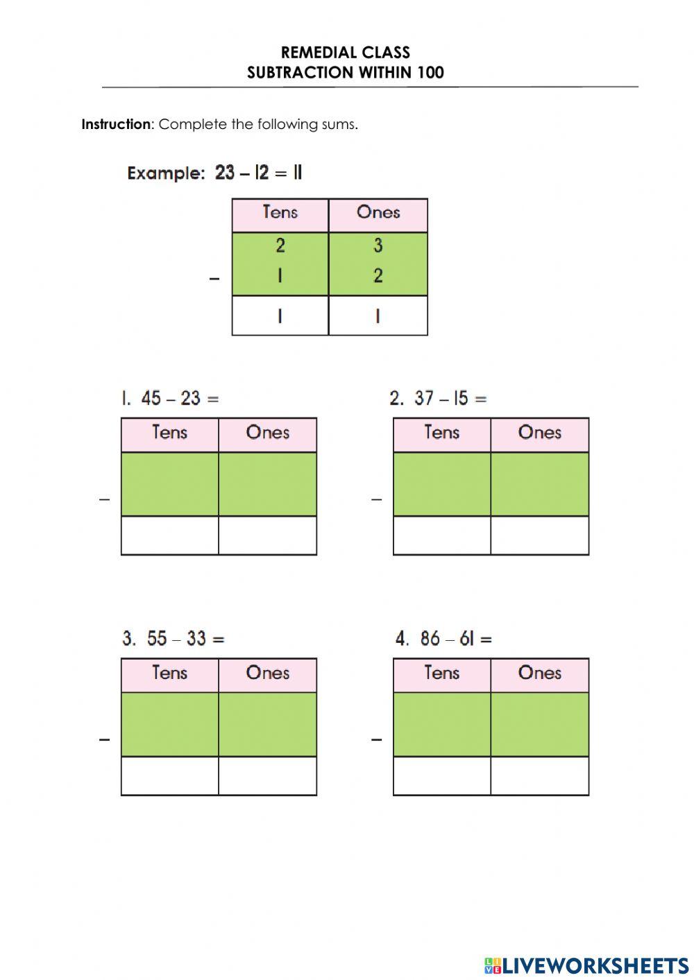 Subtraction Within 100