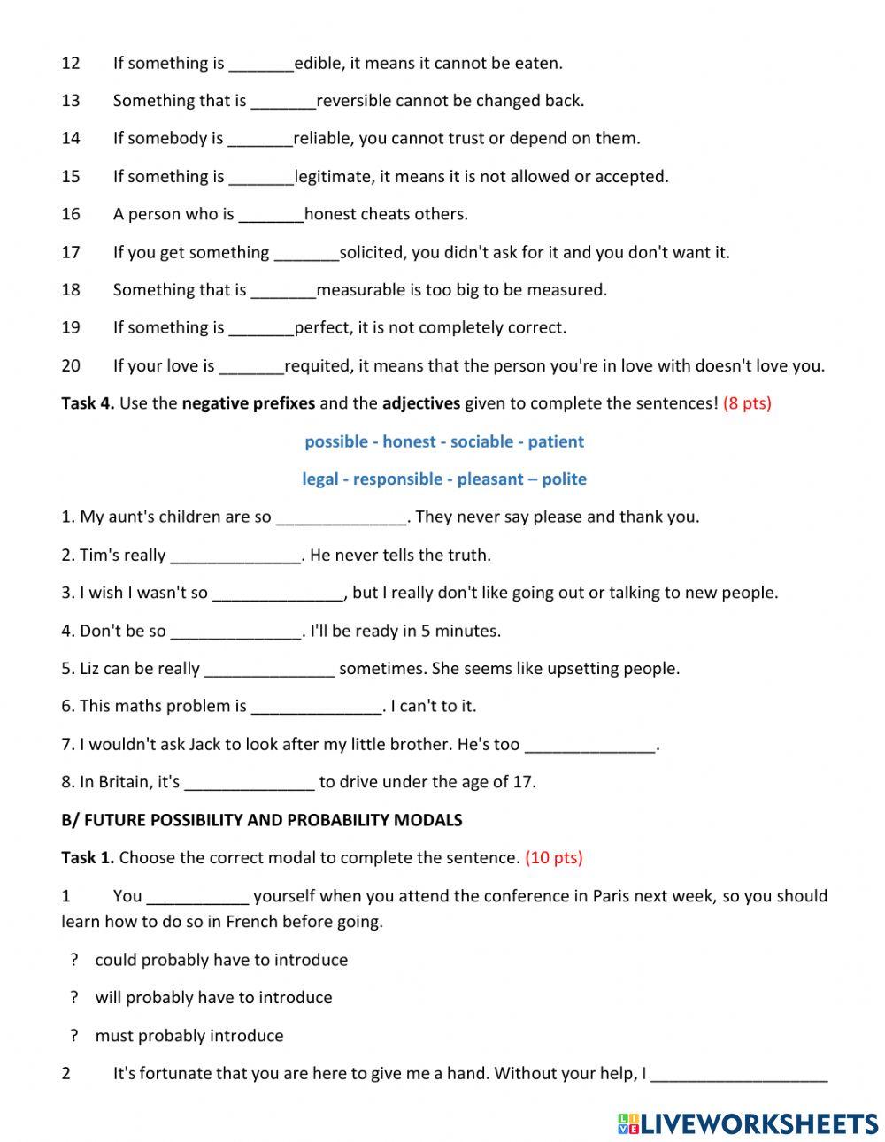 Negative prefixes - Modal verbs of future possibility
